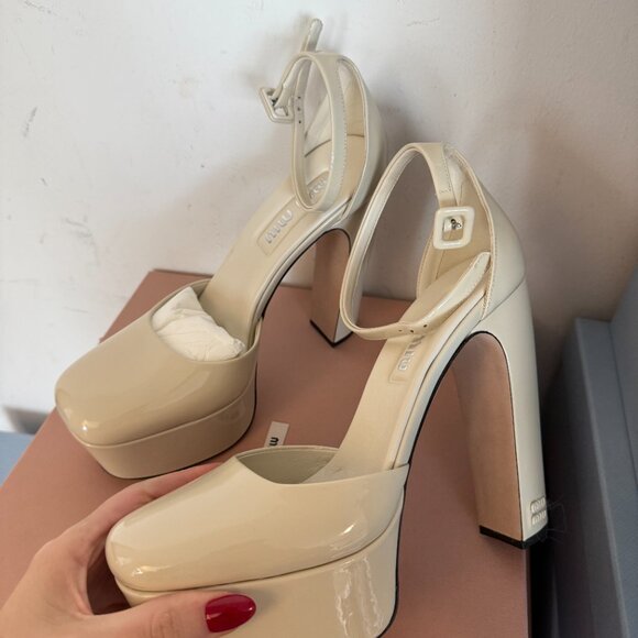 NWT Miu Miu Platform Pumps Beige Patent Leather Ankle Strap Block High Heels 40 - Picture 6 of 8